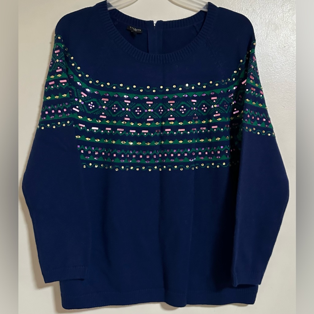 Talbots Blue Jeweled Fair Isle Sweater Wool Blend Women’s Plus Size 2x New